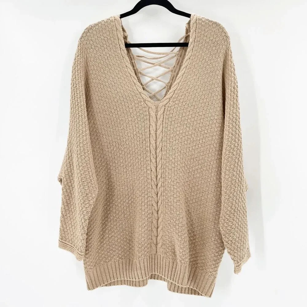 Fashion Nova Women's Sweater Size M Tan Cable Knit Crisscross Oversized Rib Trim